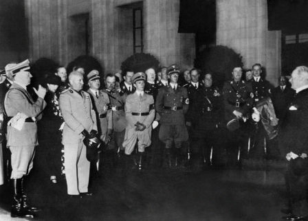 Photo taken in September 1937, of German 3d Reich Chancellor Adolf Hitler (L), Italian Fascist state's head Benito Mussolini (3dL) and Krupp steel corporation's director Gustav Krupp (R), during their visit of the Krupp factory in Essen. Mussolini signed an alliance with Hitler 28 September 1937