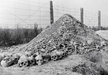 Гора из человеческих костей и пепла расстрелянных и сожженных заключенных лагеря смерти.