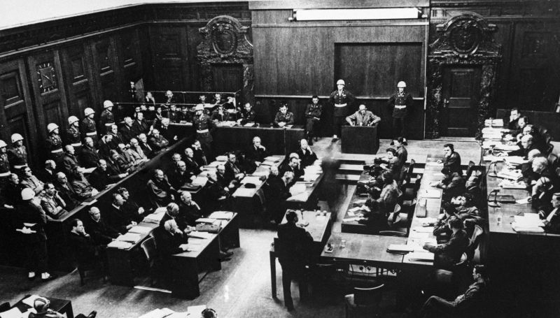 Reproduction of the 1946 photo. A session of the International Military Tribunal during the Nuremberg Trials. Germany. The Great Patriotic War of 1941-1945.