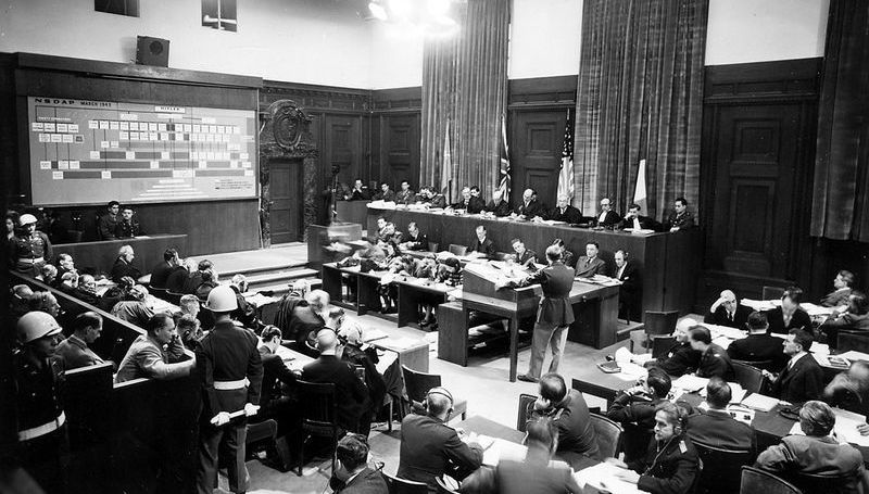 Major Frank B. Wallis presents Nazi "Chain of Command" highlights at the War Crimes Trials in Nuremberg, Germany