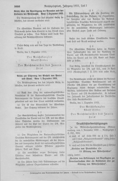 Publication of the law to safeguard the unity of party and state in the Reichsgesetzblatt newspaper