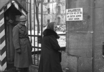 A checkpoint for Civilian Service employees of the Nuremberg Tribunal, 1945. 