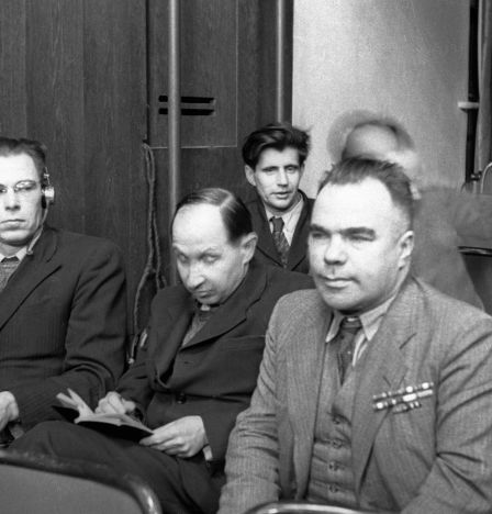 Writer Vsevolod Vishnevsky and artists of the Kukryniksy collective Porfiry Krylov and Mikhail Kupriyanov (from right to left) sit in a courtroom. The Nuremberg trial.