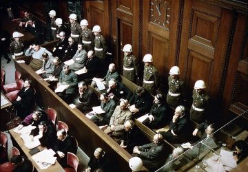 View of the defendants in the dock at the International Military Tribunal trial of war criminals in Nuremberg, Bavaria, Germany