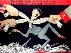Reproduction d’une lithographie de Koukryniksy «Coupons toute route à l'ennemi. Cet ennemi malfaisant ne pourra se libérer du nœud où le tient le traité de solidarité entre l'URSS, l'Angleterre et les États-Unis»