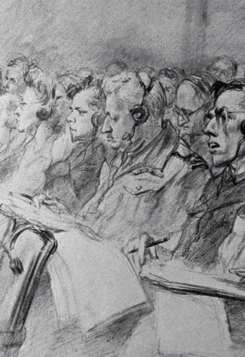 Reproduction du tableau de Nikolaï Joukov «Les juges du monde». Exposition «Le procès de Nuremberg».