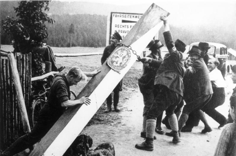 Riots in the Sudetenland on the eve of the capture of Czechoslovakia. Sudeten Germans demolish a border post