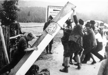 Riots in the Sudetenland on the eve of the capture of Czechoslovakia. Sudeten Germans demolish a border post