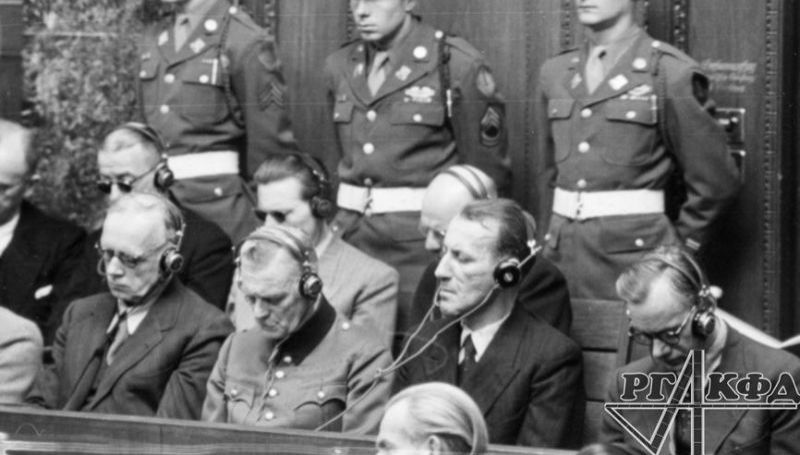 The International Military Tribunal: 1st row (from left to right): J. von Ribbentrop, W. Keitel, E. Kaltenbrunner, A. Rosenberg, December 18, 1945. Photo by Yevgeny Khaldei. RGAKFD / Arch. No. B-2441.