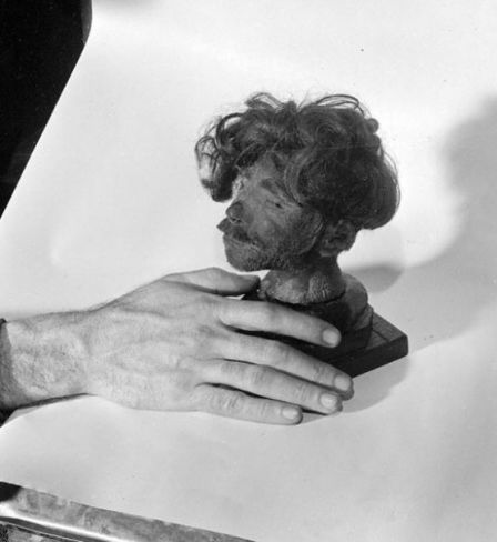 US prosecutor Thomas Dodd presents the severed head of a Polish prisoner at the Buchenwald concentration camp in the Courtroom. The camp commandant Karl Koch used it as a paperweight.