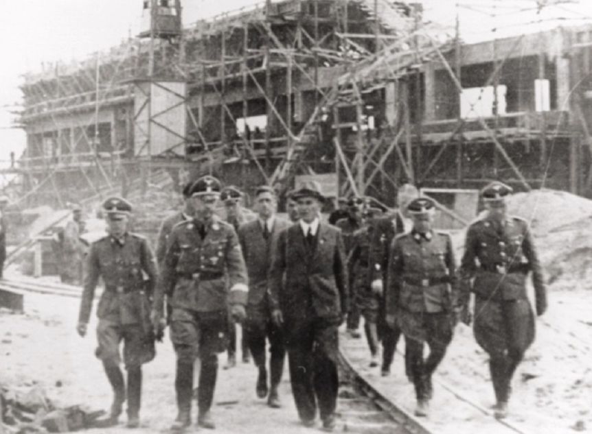 Heinrich Himmler, head of the SS, visiting the IG Farben plant, Auschwitz III, German-occupied Poland, July 1942