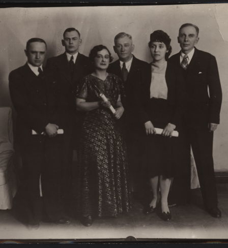 Poets-Harbinians. From left to right: Vasily Obukhov, Mikhail Shmeisser, Nina Ilnek, Arseny Nesmelov, Tamara Andreeva, Alexey Achair. 1930s. GA RF. F.R-10247. D.180. Public Domain