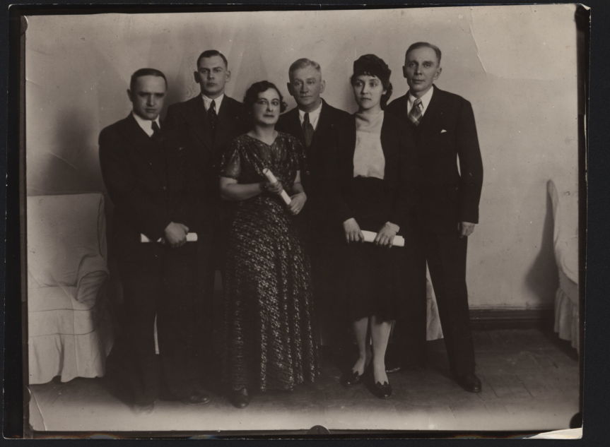 Poets-Harbinians. From left to right: Vasily Obukhov, Mikhail Shmeisser, Nina Ilnek, Arseny Nesmelov, Tamara Andreeva, Alexey Achair. 1930s. GA RF. F.R-10247. D.180. Public Domain