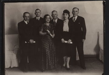Poets-Harbinians. From left to right: Vasily Obukhov, Mikhail Shmeisser, Nina Ilnek, Arseny Nesmelov, Tamara Andreeva, Alexey Achair. 1930s. GA RF. F.R-10247. D.180. Public Domain