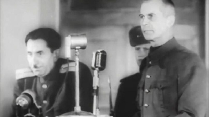 L’accusé Paul Scheer est entendu par le tribunal. Image tirée du film d’actualité sur le procès de Kiev. Maison des officiers de l'Armée rouge, Kiev, janvier 1946