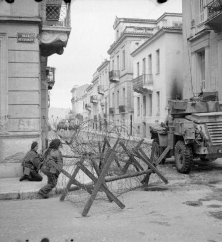 The British Army in Greece 1945 A Humber armoured car supports paratroops during operations against ELAS in Athens, 6 January 1945