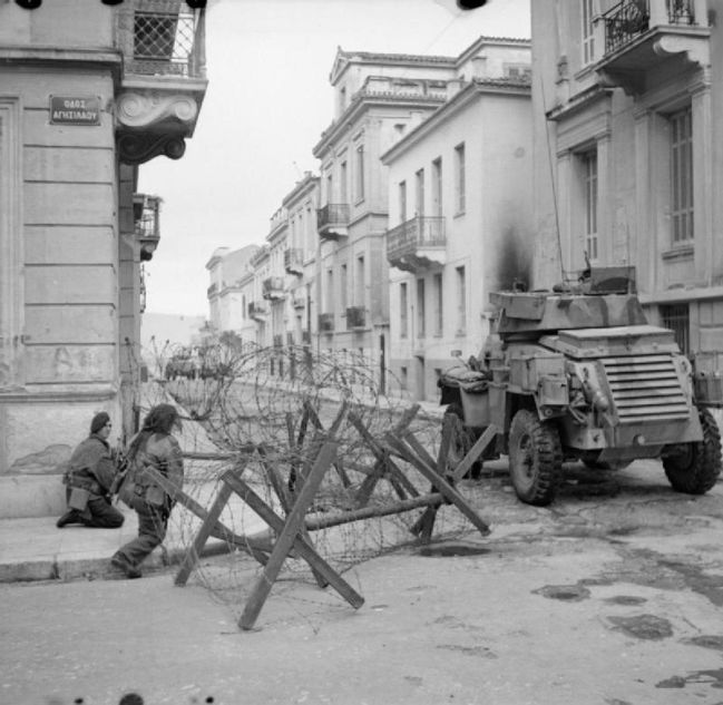 The British Army in Greece 1945 A Humber armoured car supports paratroops during operations against ELAS in Athens, 6 January 1945