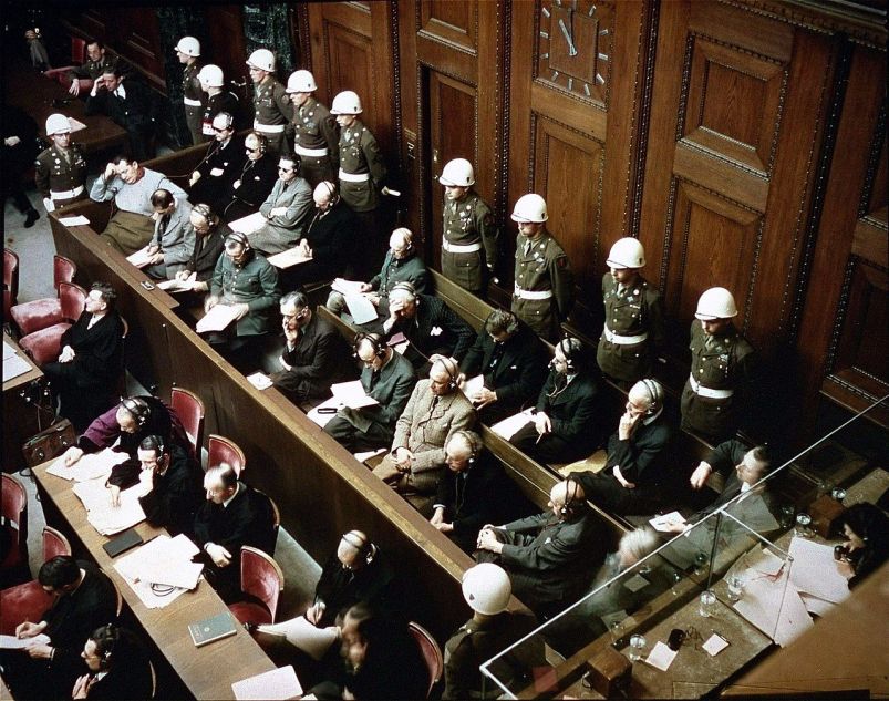 View of the defendants in the dock at the International Military Tribunal trial of war criminals in Nuremberg, Bavaria, Germany