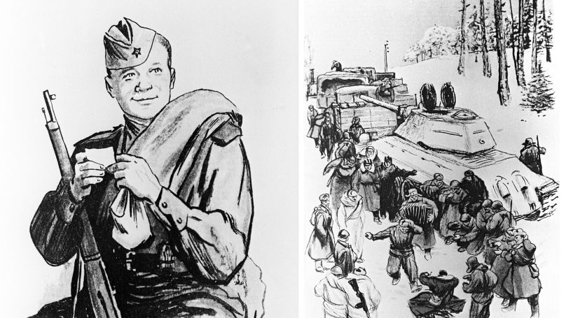Reproductions d'illustrations d'Orest Vereiski pour le poème Vassili Tiorkine écrit par Alexandre Tvardovski. Édition de 1943.