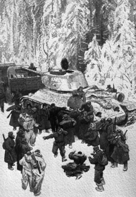 Reproduction of artist Orest Vereisky's illustration for A Tvardovsky's work "Vasily Terkin".