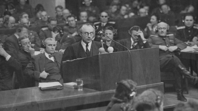 Defense counsellor Dr. Alfred Seidl, the counsel for Hans Frank and the second counsel for Rudolf Hess, presents an argument at the International Military Tribunal trial of war criminals at Nuremberg