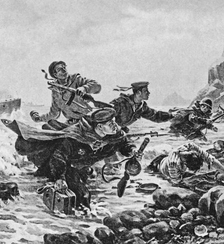 La Grande Guerre patriotique dans l’art soviétique. Andreï Plotnov (1916–1997). «Débarquement aux îles Kouriles», 1947.