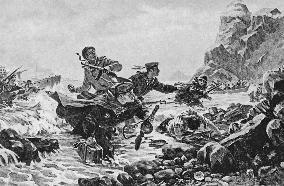 La Grande Guerre patriotique dans l’art soviétique. Andreï Plotnov (1916–1997). «Débarquement aux îles Kouriles», 1947.
