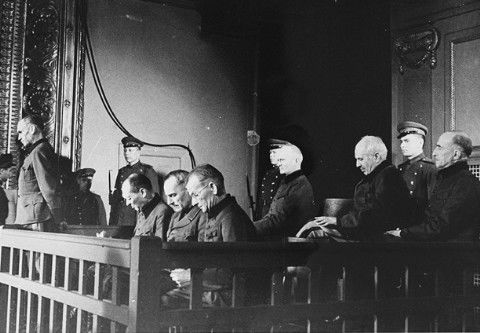 Friedrich Jeckeln (standing, at left) SS war criminal and murder, on trial in 1946 in Riga. Other defendants from left to right : 2. Generalmajor Hans Paul Kupper, 3. Generalleutnant Siegfried Ruff, 4. SA-Standartenführer Alexander Bocking, 5. Generalleutnant Wolfgang von Ditfurth, 6. Generalleutnant Albrecht Baron Digeon von Monteton, 7. Generalmajor Bronislav Pavel.