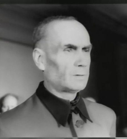 Still from the Riga Trial News film. SS-Obergruppenführer Friedrich Jeckeln is heard by the court. Officers' House, Riga, Latvian SSR, 1946.