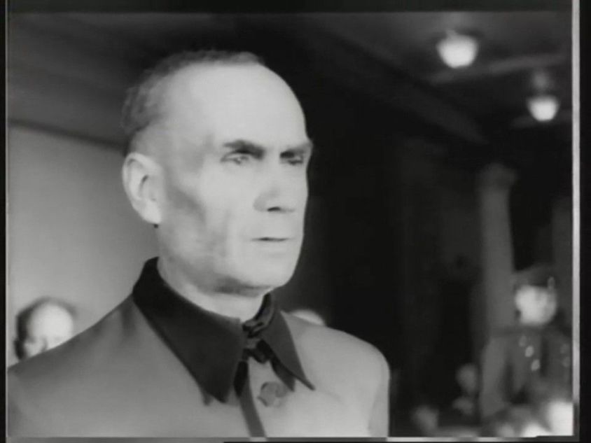 Still from the Riga Trial News film. SS-Obergruppenführer Friedrich Jeckeln is heard by the court. Officers' House, Riga, Latvian SSR, 1946.