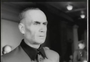 Still from the Riga Trial News film. SS-Obergruppenführer Friedrich Jeckeln is heard by the court. Officers' House, Riga, Latvian SSR, 1946.