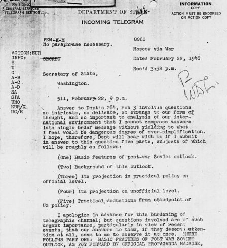 Le télégramme de George Frost Kennan destiné à James Francis Byrnes, 22 février 1946, page 1, Harry S. Truman Library & Museum