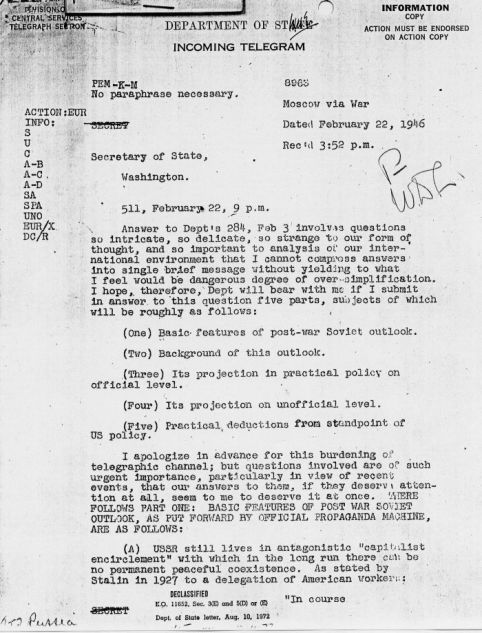 Le télégramme de George Frost Kennan destiné à James Francis Byrnes, 22 février 1946, page 1, Harry S. Truman Library & Museum