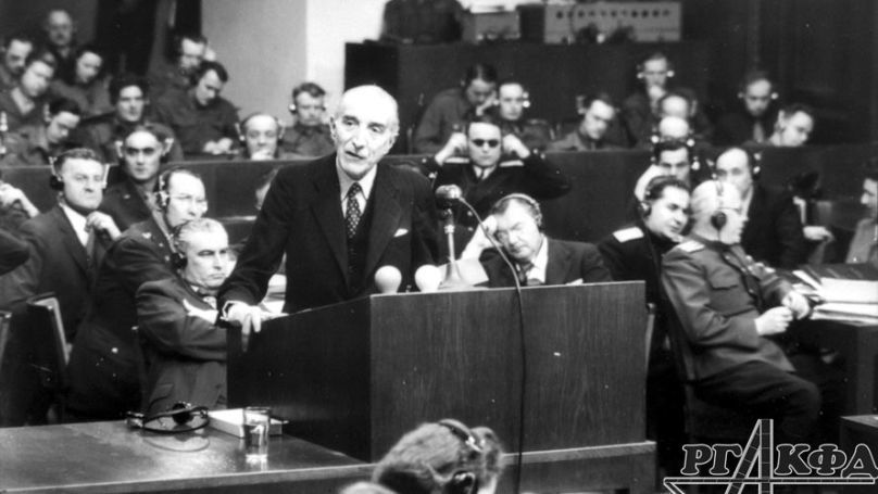 Auguste Champetier de Ribes, Chief Prosecutor for France, delivering his closing speech on 29 July 1946. Russian State Documentary Film and Photo Archive, (RGAKFD), Archive No. C-3205. © Web Portal “Nazi Crimes in the USSR”, Y. A. Khaldei.