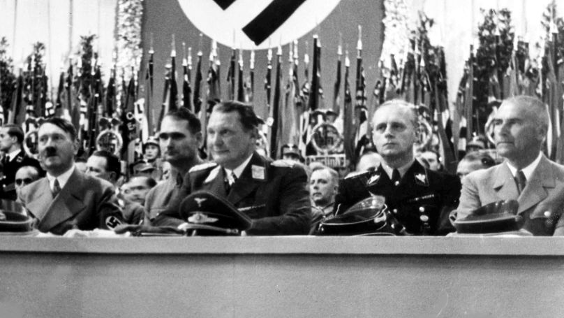 Adolf Hitler, Rudolf Hess, Hermann Goering, Joachim von Ribbentrop, Wilhelm Frick au Palais des sports de Berlin, le 26 septembre 1938.