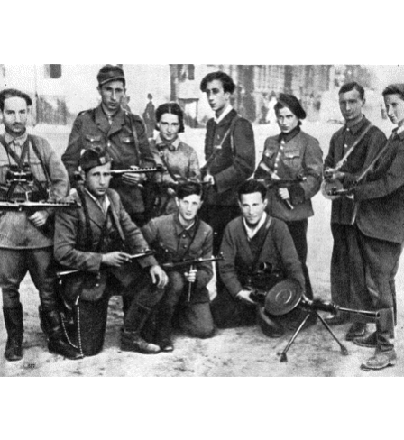 Abba Kovner (back row, centre) with members of the United Partisan Organisation in Vilna, 1940s