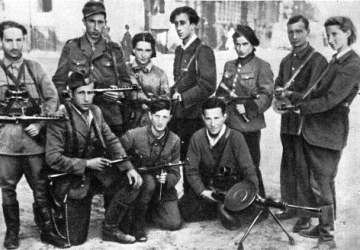 Abba Kovner (back row, centre) with members of the United Partisan Organisation in Vilna, 1940s