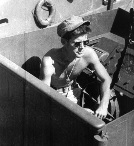 John Kennedy on his navy patrol boat, the PT-109, in 1943