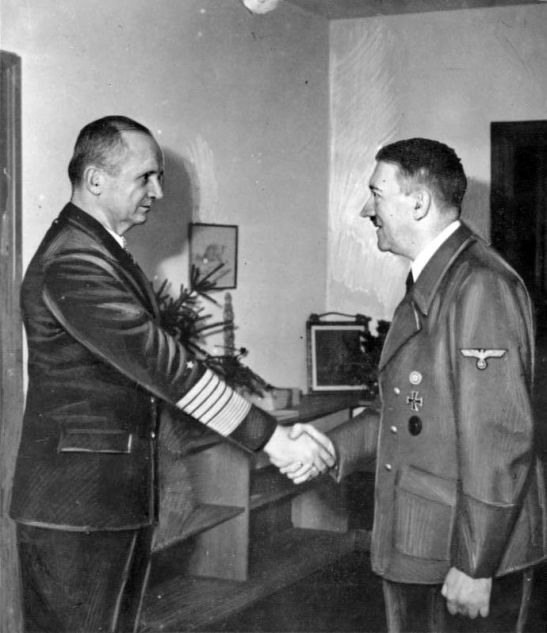 Adolf Hitler receives the commander of the Navy, Grand Admiral Karl Dönitz, in the “Führerbunker”.