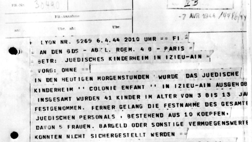 This image is a copy of a telex dated April 6, 1944, sent off by then Nazi officer Klaus Barbie, giving instructions and order to transfer 41 Jewish children, aged between 3 to 13, from Izieu summer camp, central France, to Drancy transit center on their way to camps in Germany. This document found by Nazi hunter, lawyer Serge Klarsfeld, will be used as evidence in the upcoming Klaus Barbie trial. Paris February 19, 1984