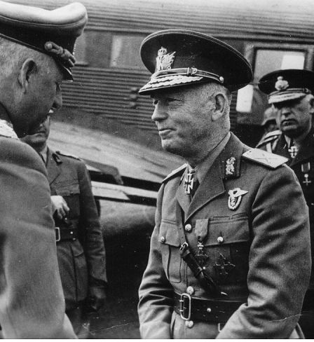 Marshal Erich von Manstein (left) welcomes Marshal Ion Antonescu to the field airfield.