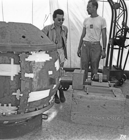 Louis Slotin with the Gadget bomb during the Trinity test 1 January 1945