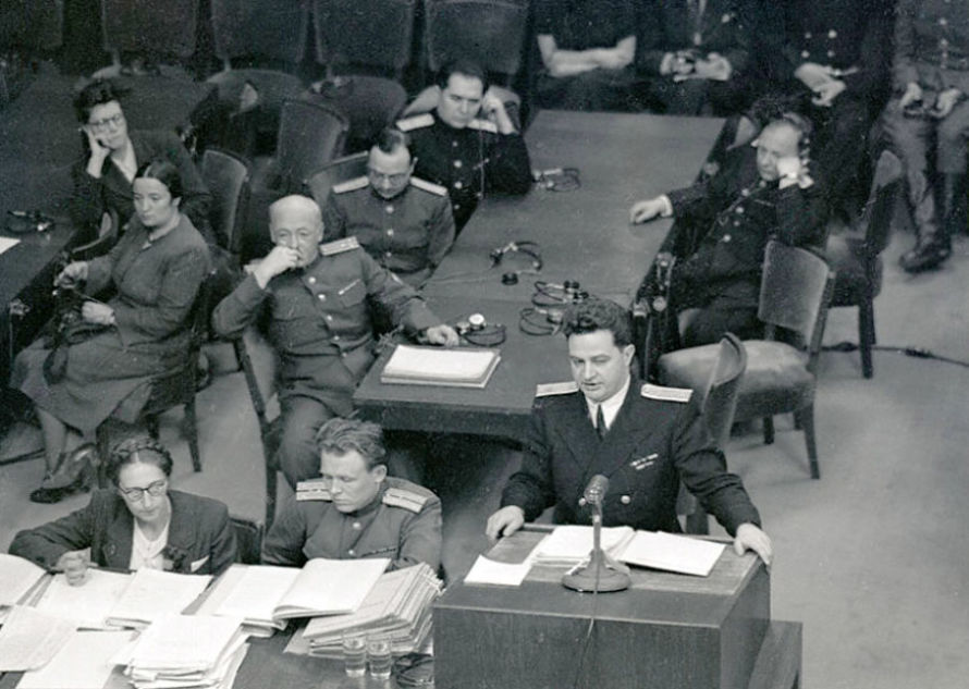 Nikolay Zorya, assistant prosecutor for the USSR, delivering a report at a session of the Nuremberg Tribunal. 