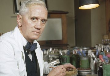 Professor Alexander Fleming, holder of the Chair of Bacteriology at London University, who first discovered the mould Penicillin Notatum. Here in his laboratory at St Mary's, Paddington, London (1943)