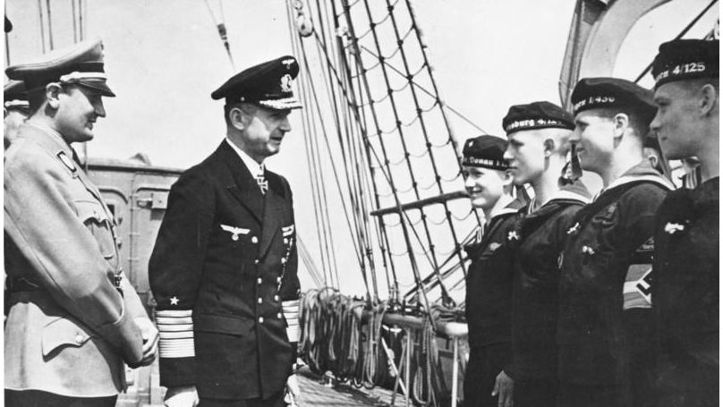 Commander-in-Chief of the Navy, Grand Admiral Dönitz, and Hitler Youth Chief Axmann aboard the sailing school ship "Horst Wessel".