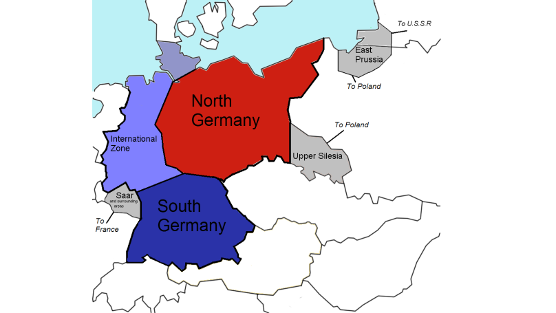 Division prévue de l'Allemagne en État du Nord (en rouge) et du Sud (en bleu), et la zone internationale (en bleu clair); les zones de couleur grise tombent sous le contrôle de la France, de la Pologne et de l'URSS.