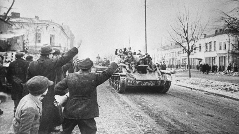 The Vistula-Oder Offensive, 12 January-3 February 1945. Residents of the town of Czestochowa welcoming Soviet soldiers.