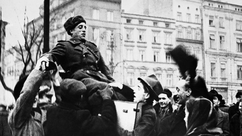 People in liberated Krakow welcoming Soviet soldiers. February 1945.