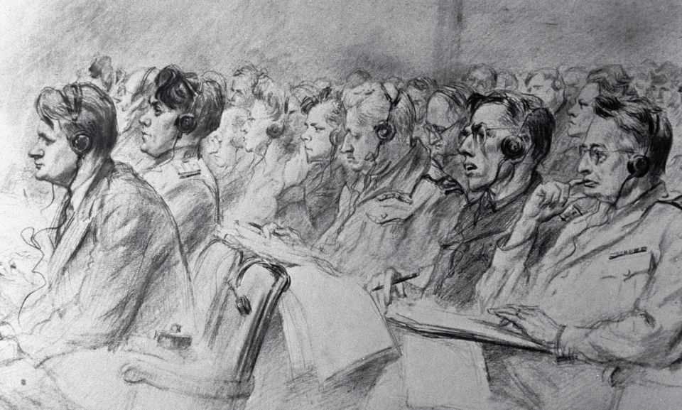 A copy of The World is Judging, a painting by Nikolai Zhukov. Nuremberg Trials exhibition.