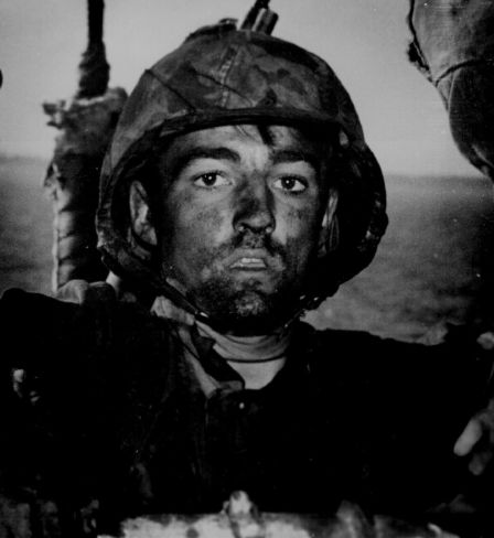 An exhausted U.S. Marine, Private T.J. Miller, exhibits the 2,000-yard stare after two days of constant fighting at the Battle of Eniwetok, February 194